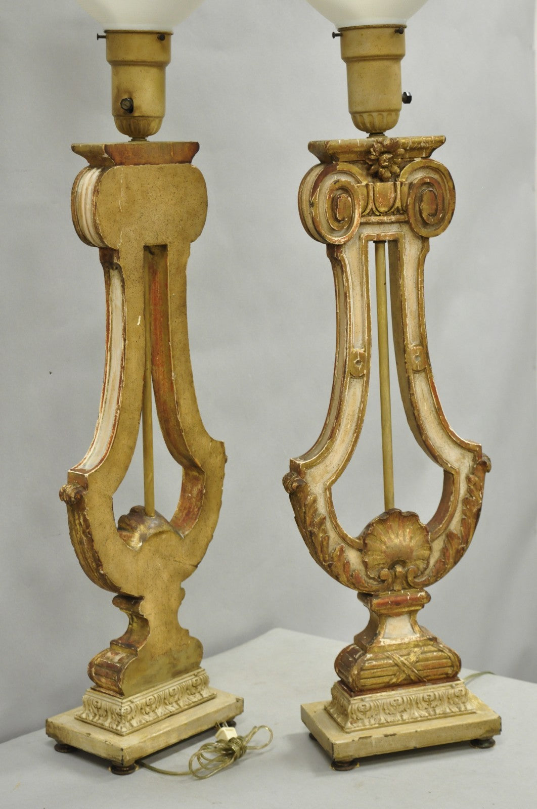 Italian Neoclassical Cream & Gold Gilt Carved Wood Harp Column Table Lamp - Pair
