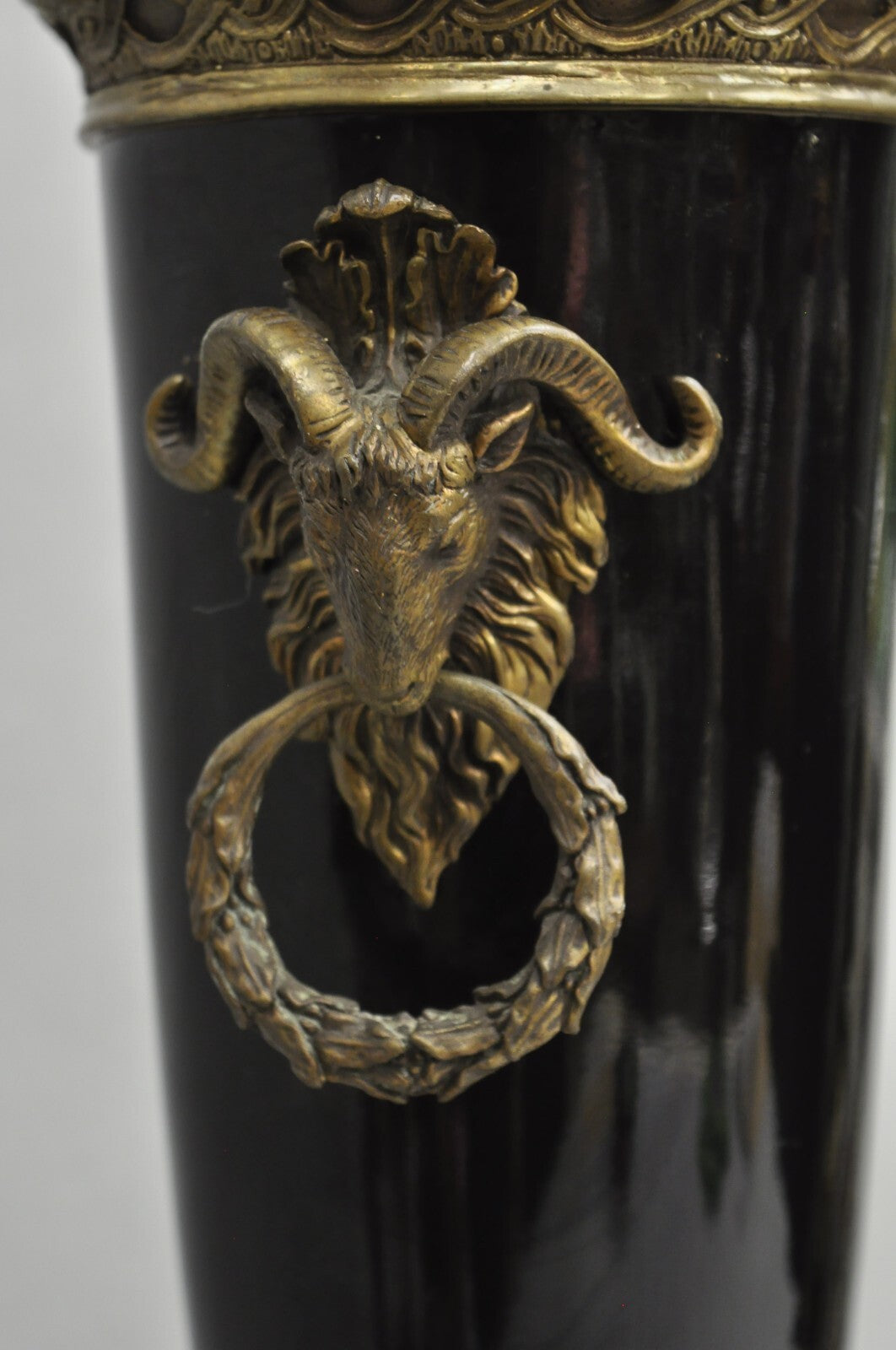 Vintage French Neoclassical Black Porcelain Urn Form Table Lamp w/Bronze Rams