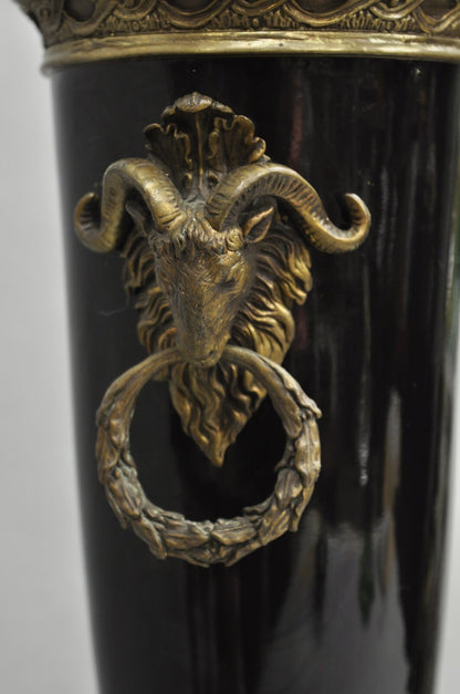 Vintage French Neoclassical Black Porcelain Urn Form Table Lamp w/Bronze Rams