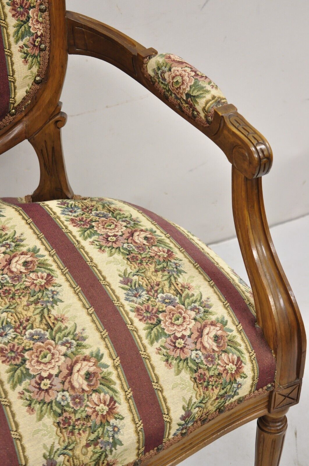Vintage JB Van Sciver French Louis XV Style Carved Walnut Upholstered Arm Chair