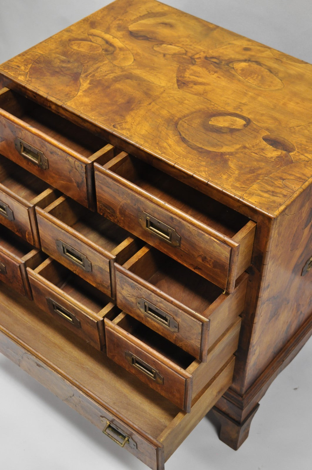 Vintage Italian Olive Wood Veneer Campaign Chest of Drawers Cabinet Side Table