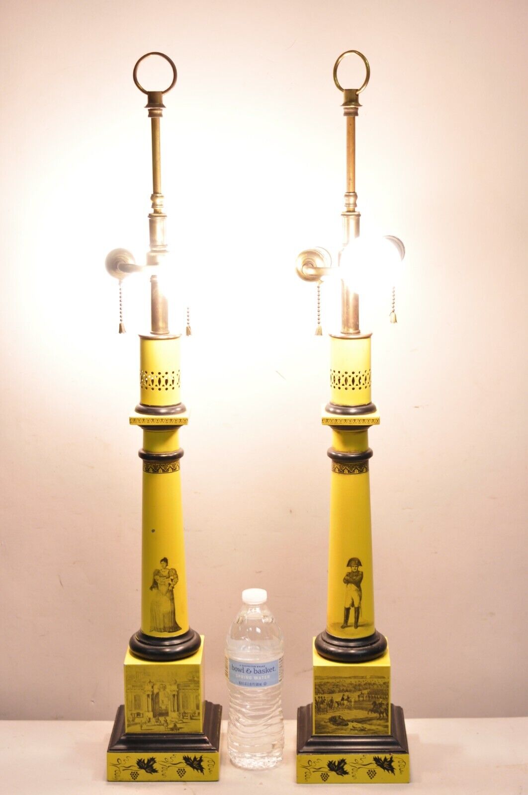 Antique Italian Regency Yellow Painted French Tole Metal Column Table Lamp Pair