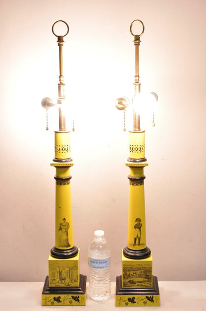 Antique Italian Regency Yellow Painted French Tole Metal Column Table Lamp Pair