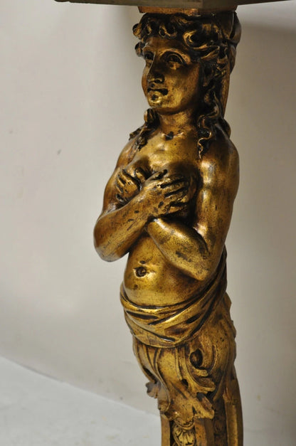 Vintage French Renaissance Victorian Style Gold Figural Marble Top Console Table