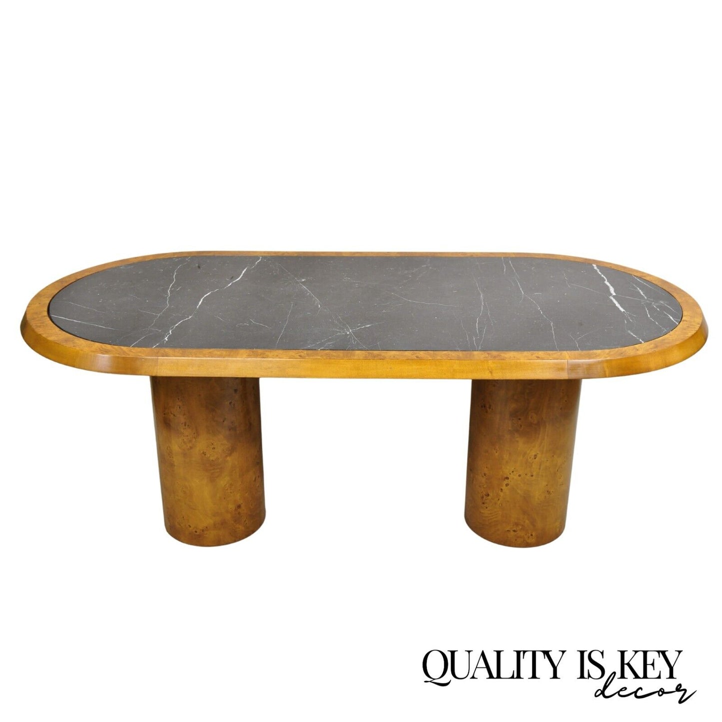 Italian Mid Century Modern Bloomingdale's Burl Wood Oval Marble Top Dining Table