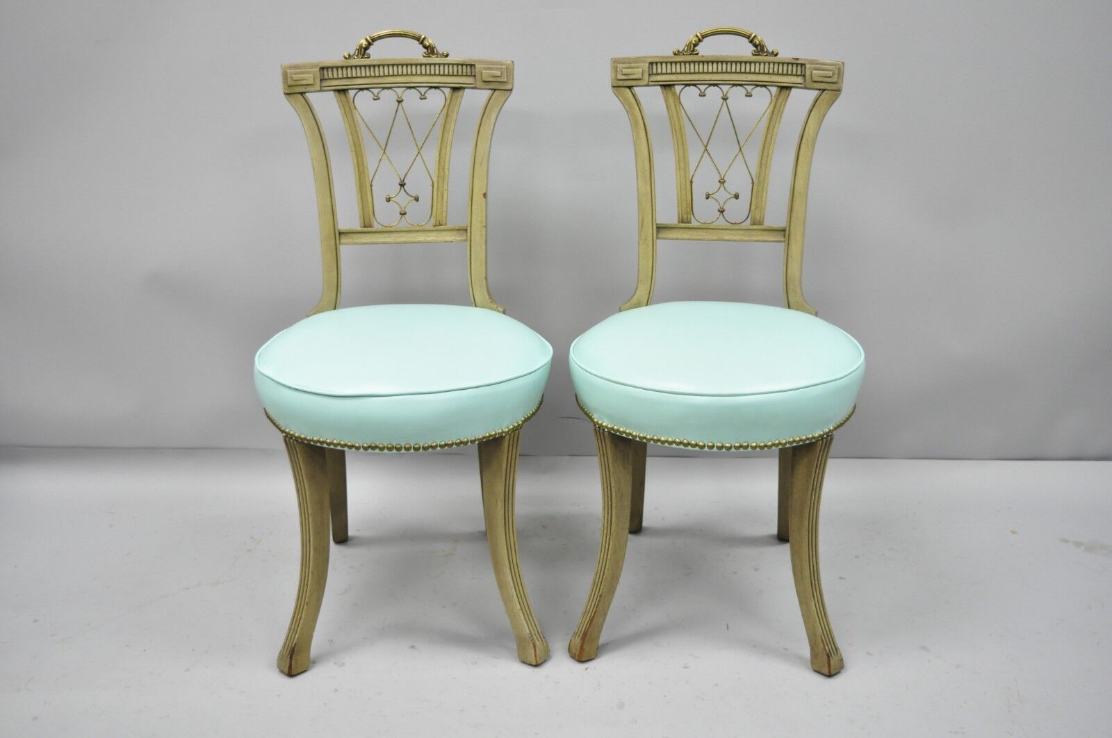 Pair of Carved Mahogany French Regency Style Chairs w/ Brass Handle & Aqua Vinyl