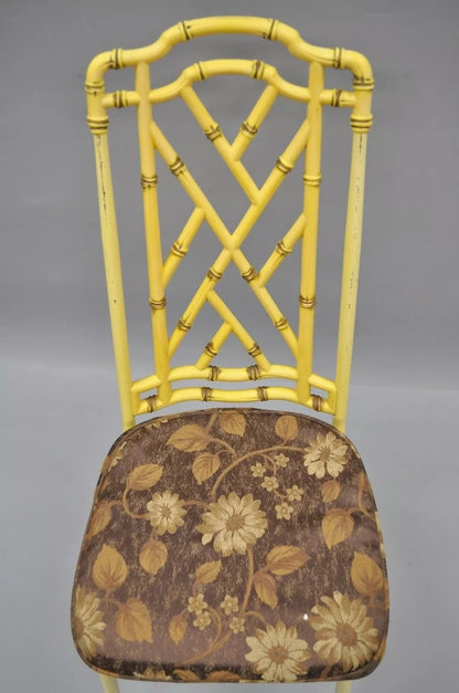Hollywood Regency Chinese Chippendale Yellow Metal Faux Bamboo Dining Side Chair