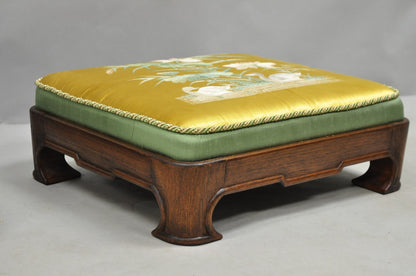 Vintage Chinoiserie Chinese Ming Style Low Footstool Ottoman w/ Silk - Pair