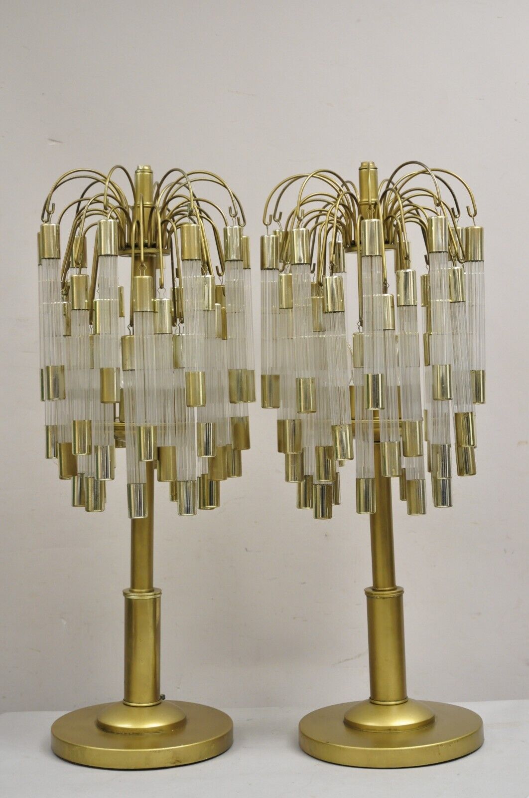 Vintage Hollywood Regency Gold "Palm Tree" Acrylic Waterfall Table Lamps - Pair