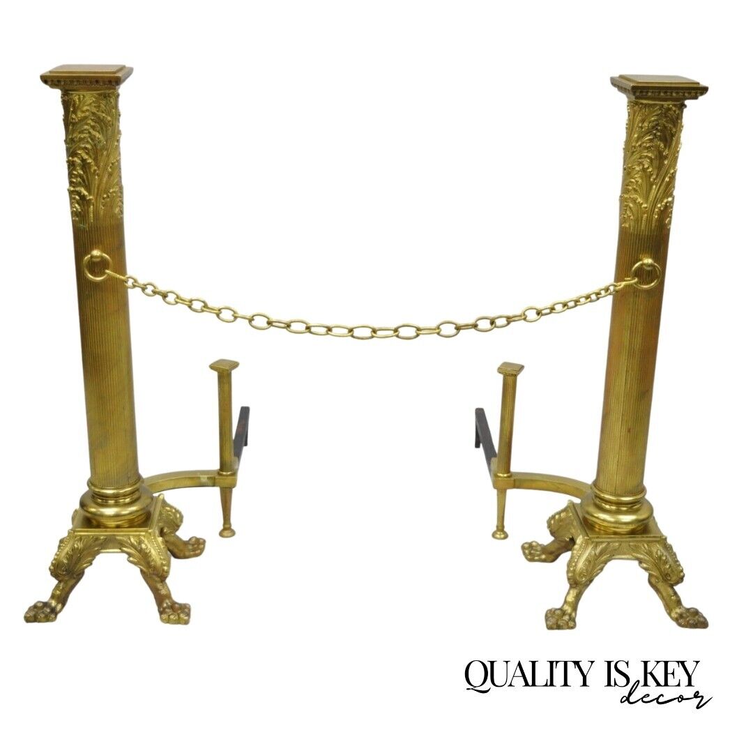 Large Pair 19th C. 32" Bronze French Empire Paw Foot Column Fireplace Andirons