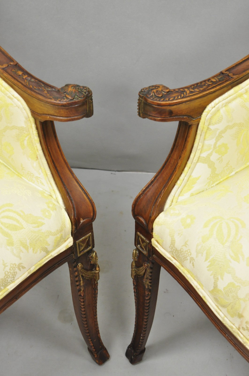Vintage French Hollywood Regency Carved Mahogany Parlor Lounge Chairs - a Pair