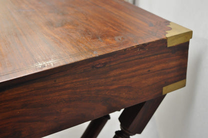 Vintage Anglo Indian Campaign Style Hardwood Curule Writing Desk w/ Brass Inlay