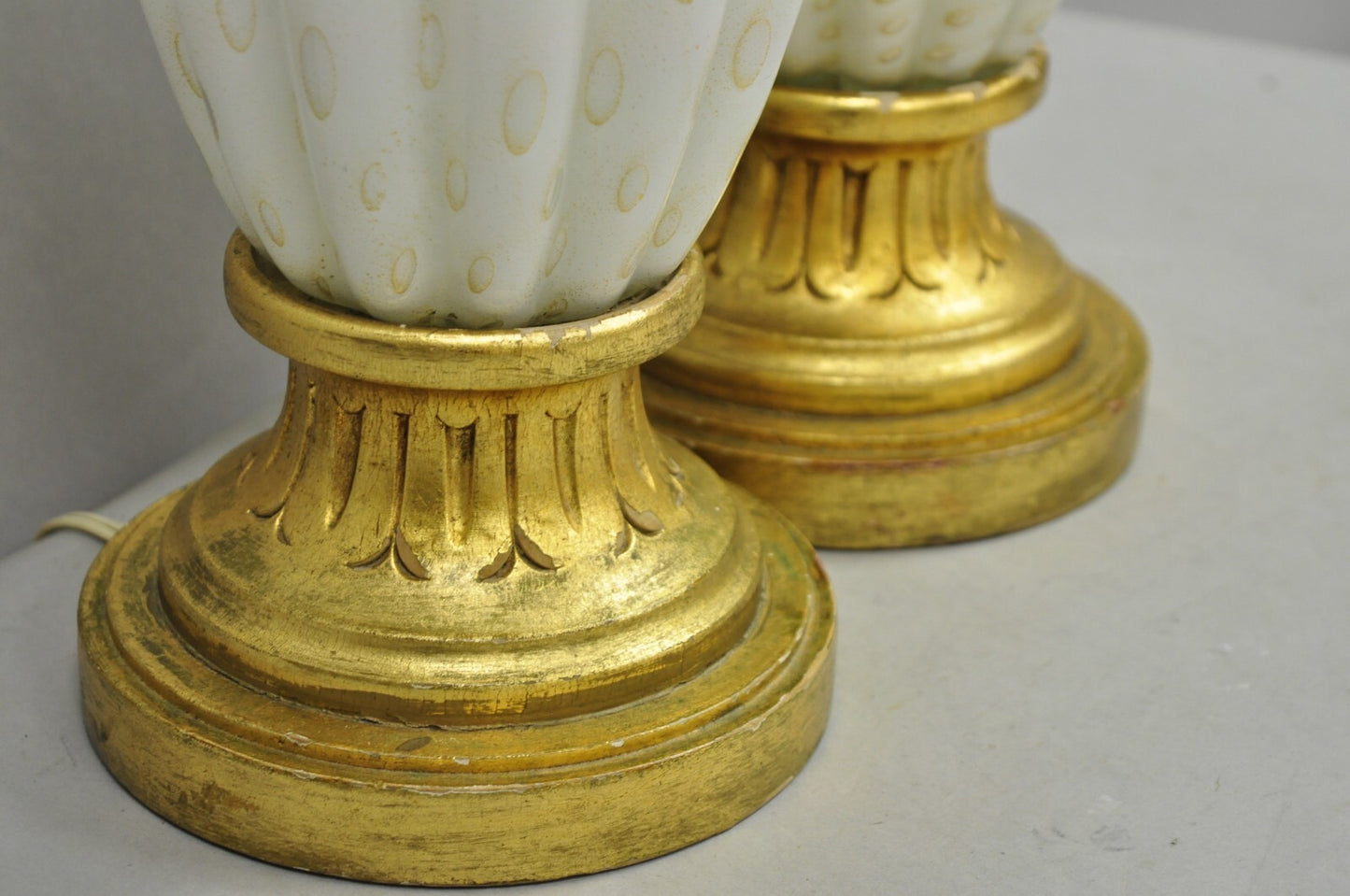 Vintage Mid Century Modern Italian Murano White Blown Glass Table Lamps - a Pair