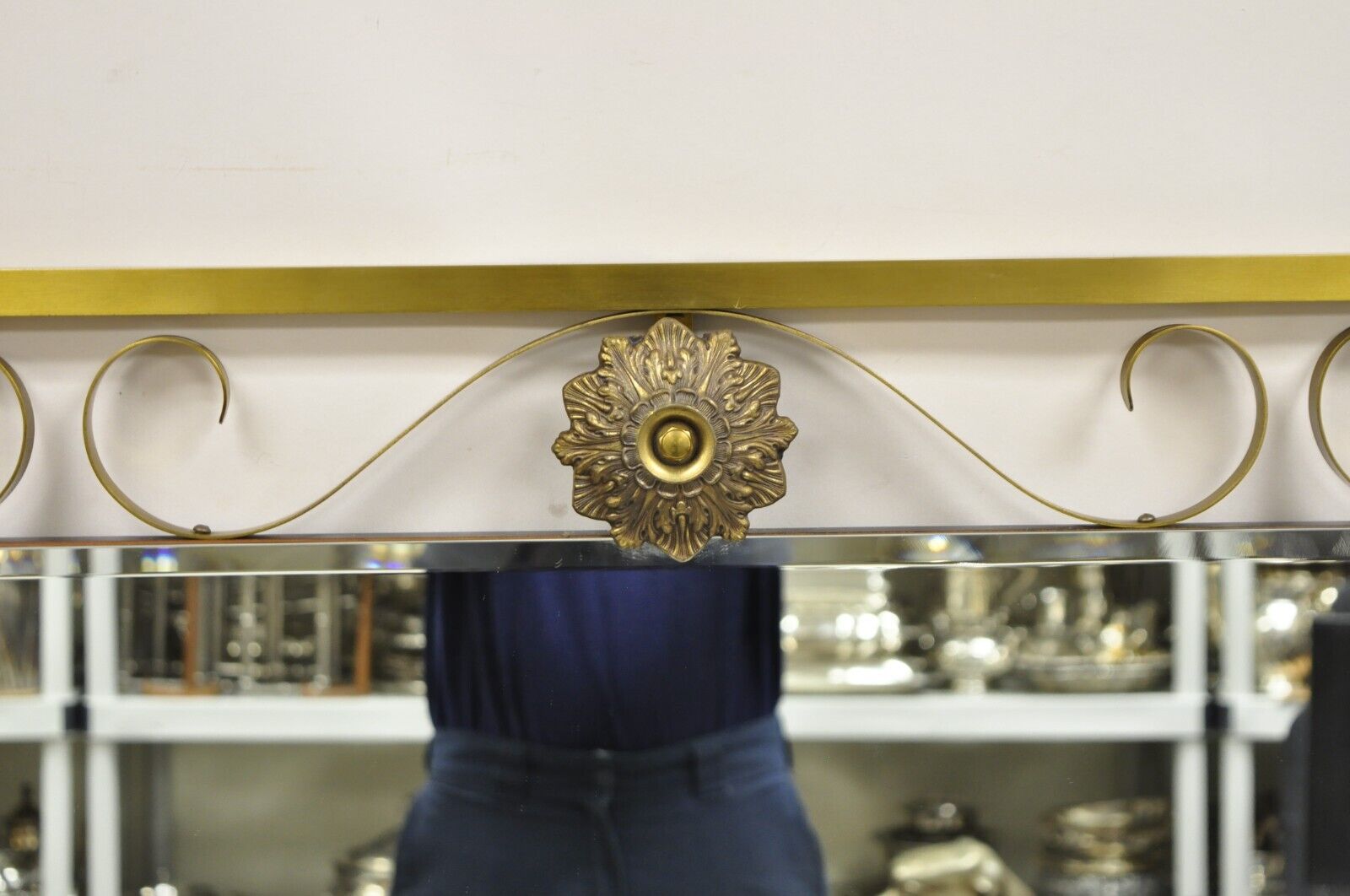 Large Vintage Brass Scrolling Frame Hollywood Regency Beveled Glass Wall Mirror