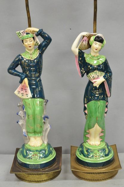 Vintage Art Deco Japanese Figural Green Porcelain Man & Women Table Lamps - Pair