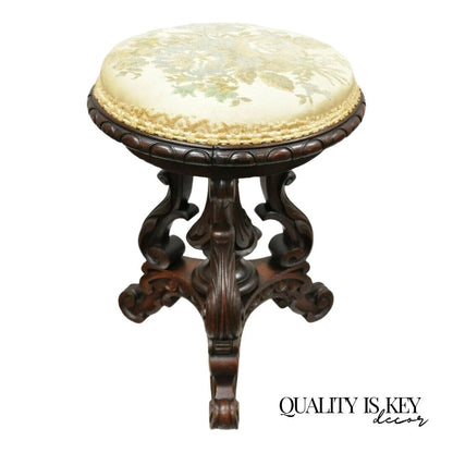 Antique Victorian Carved Walnut Adjustable Height Pedestal Base Piano Stool
