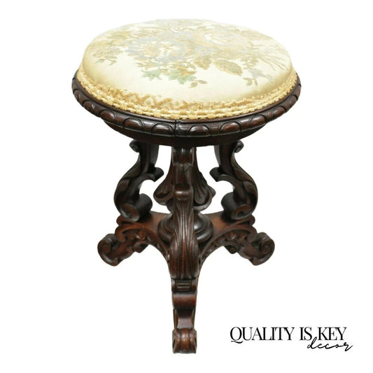 Antique Victorian Carved Walnut Adjustable Height Pedestal Base Piano Stool