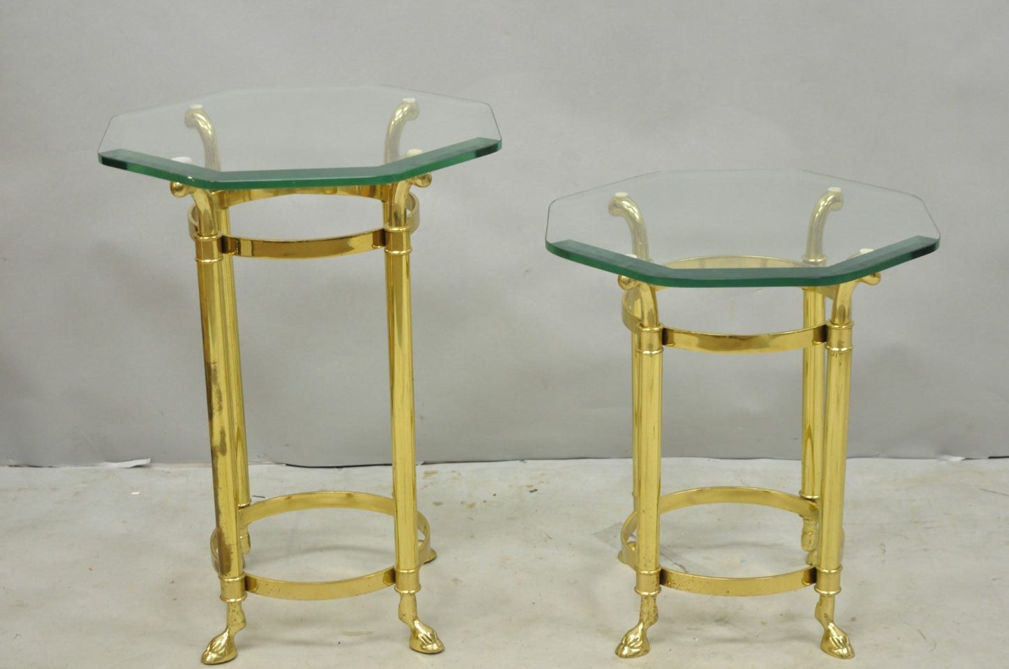 Vintage Hollywood Regency Brass Hoof Foot Glass Top Graduating Side Table - Pair