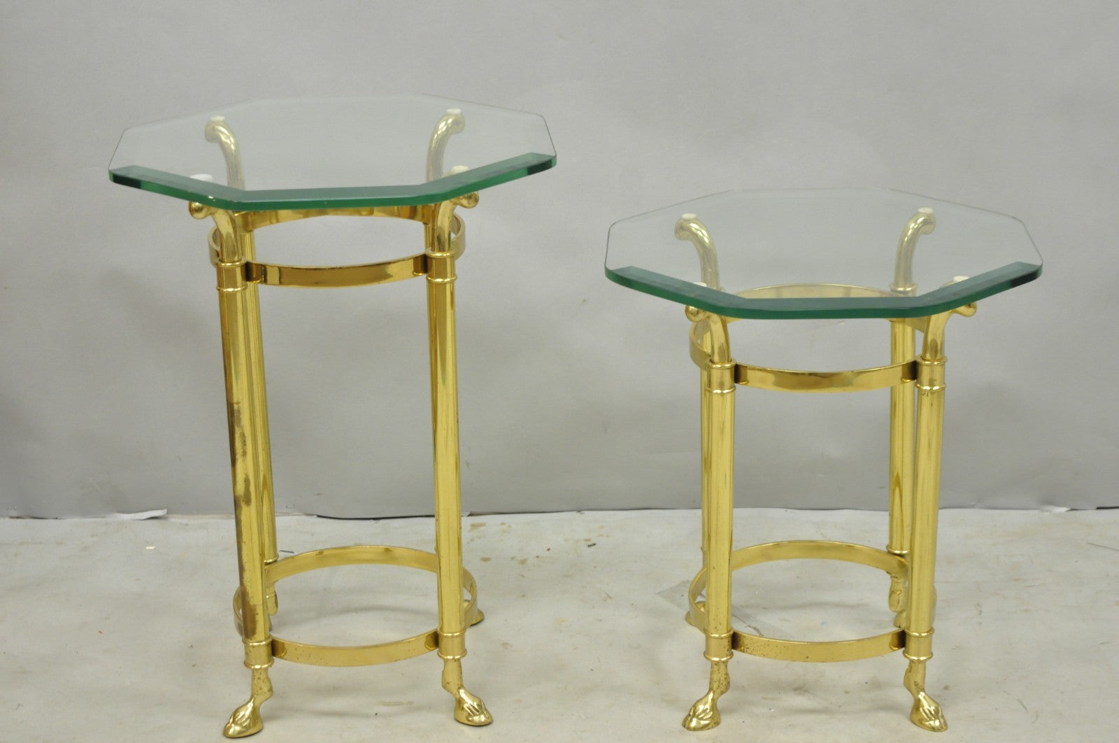 Vintage Hollywood Regency Brass Hoof Foot Glass Top Graduating Side Table - Pair