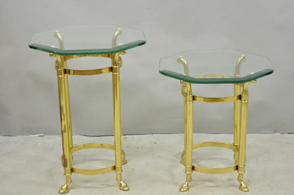 Vintage Hollywood Regency Brass Hoof Foot Glass Top Graduating Side Table - Pair
