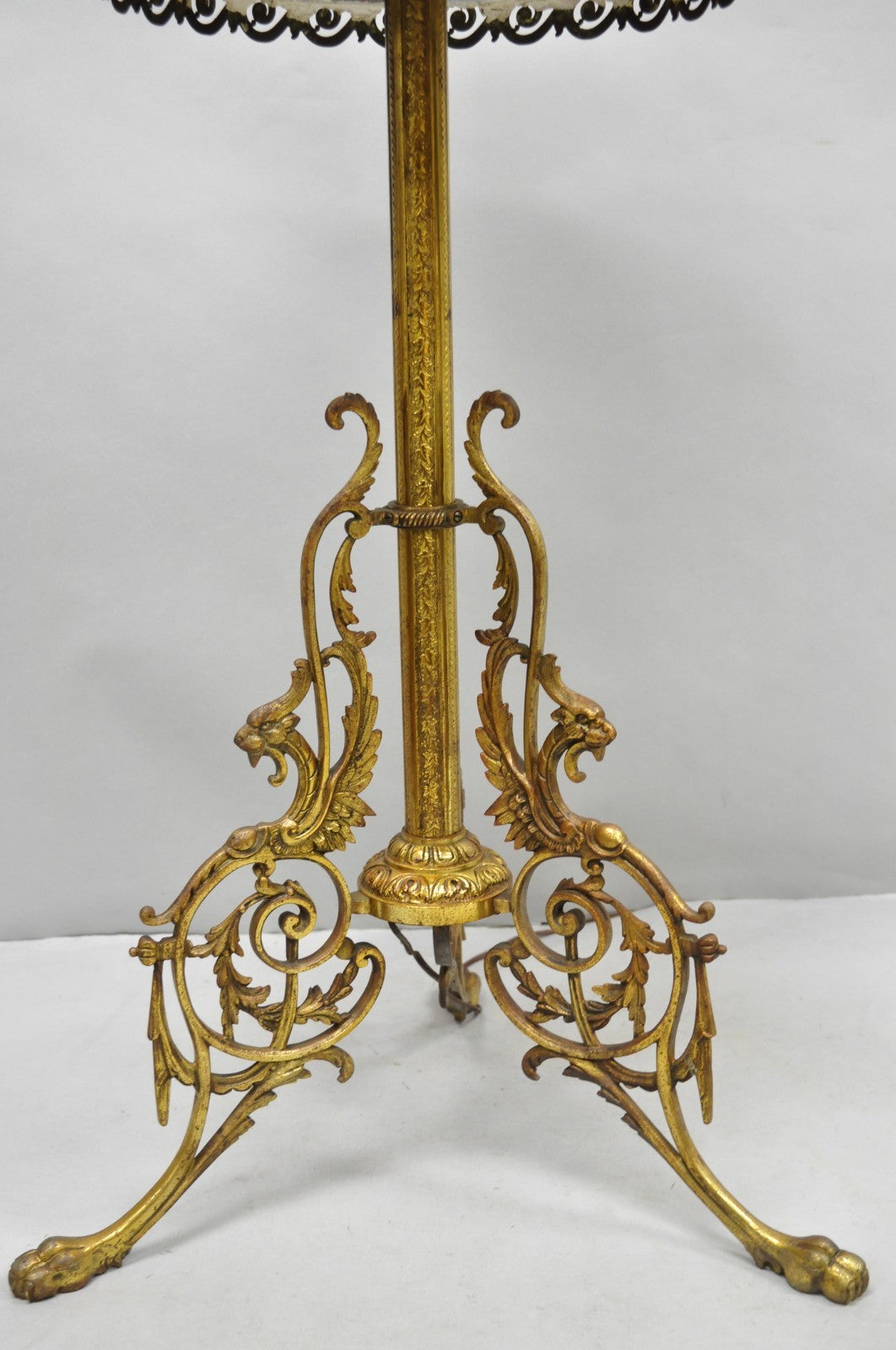 Victorian Bronze Griffin Figural Converted Oil Lamp Marble Side Table Floor Lamp