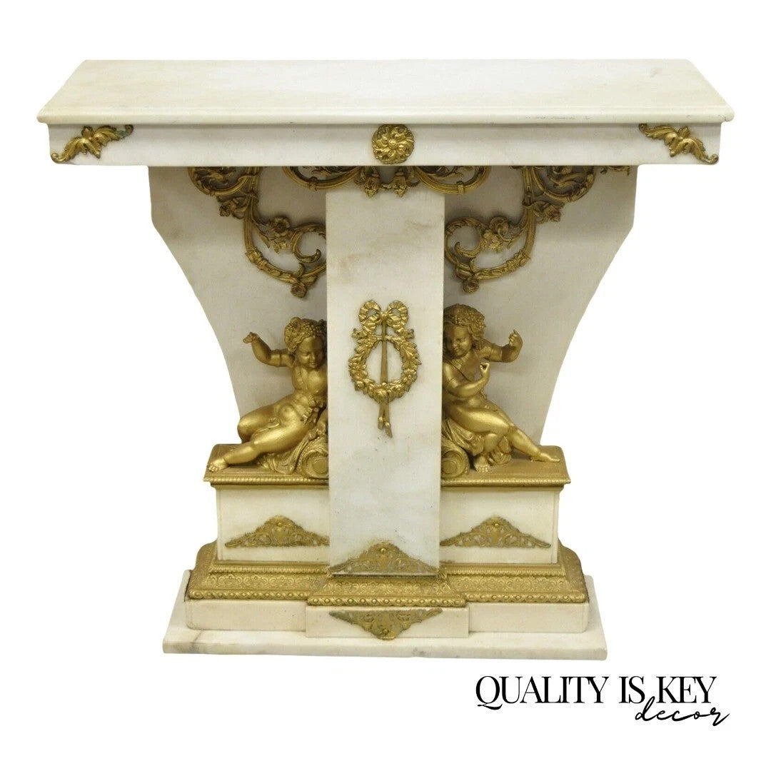French Louis XV Style Marble & Figural Bronze Ormolu Console Table w/ Cherubs