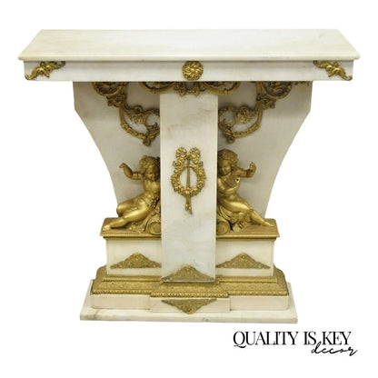 French Louis XV Style Marble & Figural Bronze Ormolu Console Table w/ Cherubs