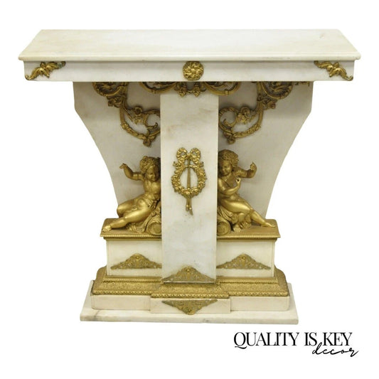 French Louis XV Style Marble & Figural Bronze Ormolu Console Table w/ Cherubs