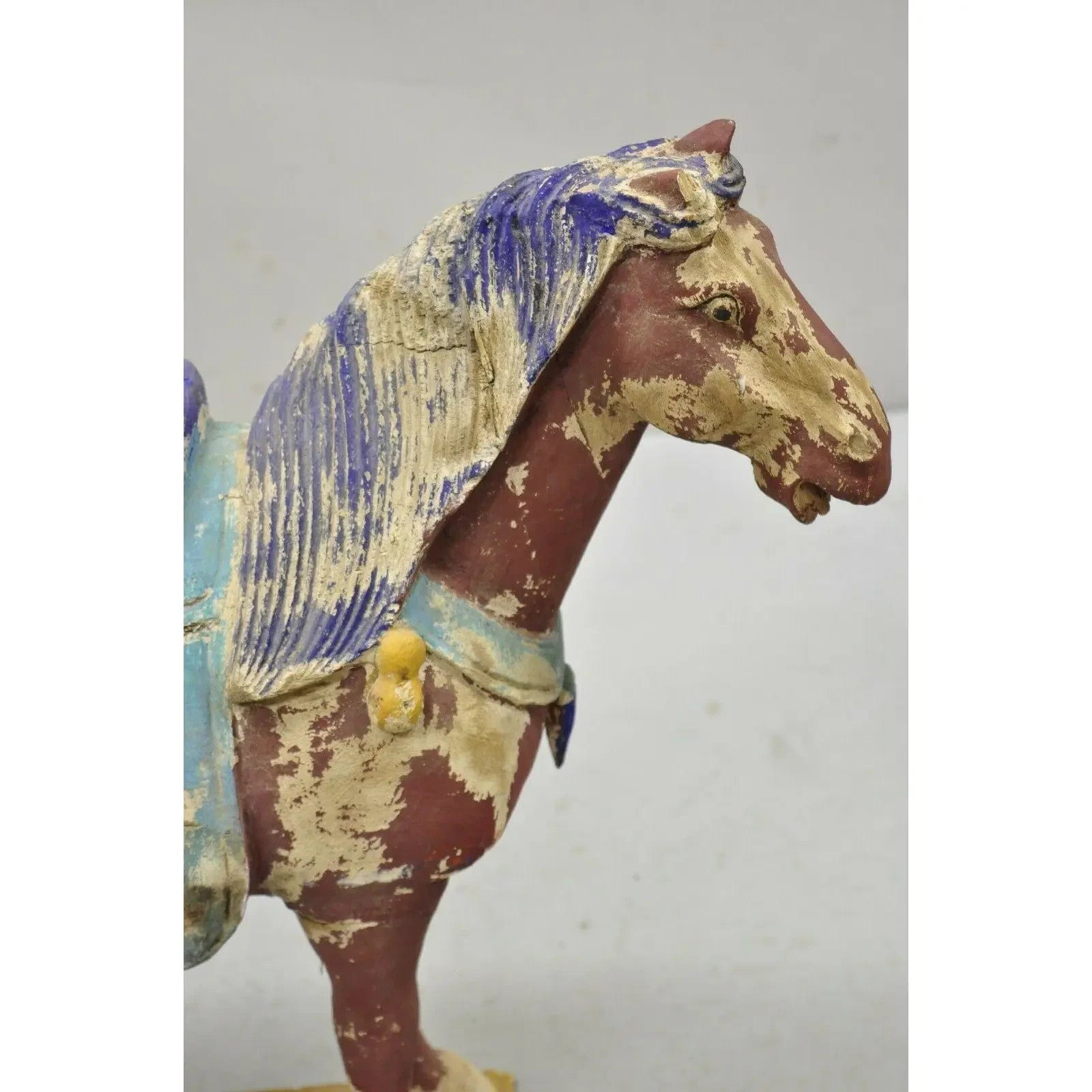 Chinese Polychrome Wooden Carved Wood 28" Tang Horse Sculpture Statue Red Blue