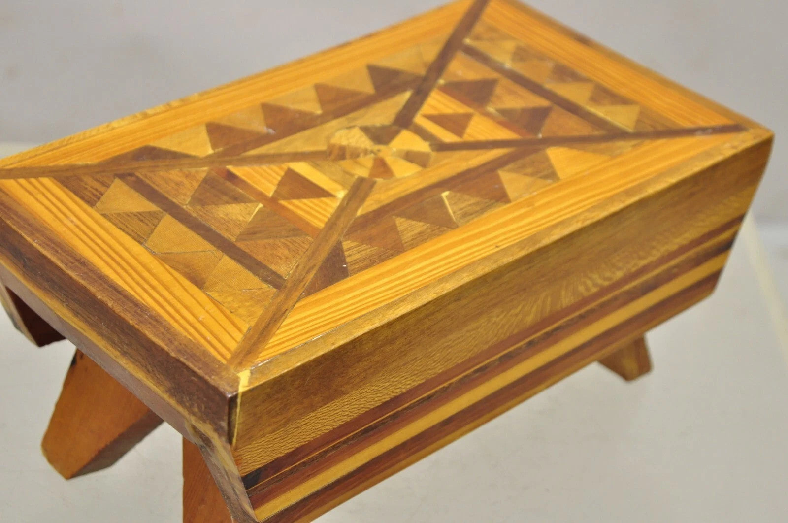 Vintage Folk Art Marquetry Inlay Small Wooden Primitive Footstool Ottoman Stool