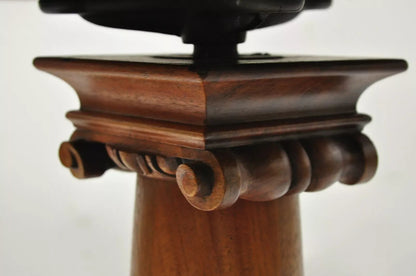 19th C. American Empire Mahogany Carved Column Paw Foot Swivel Leather Stool