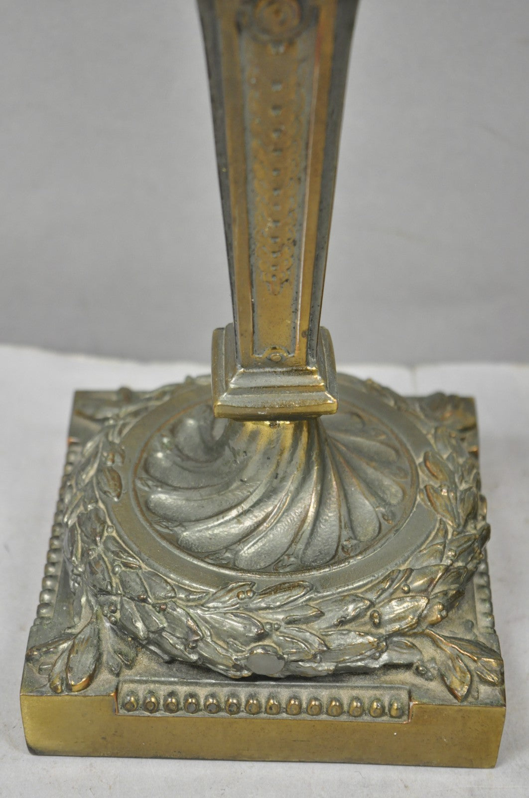 Vintage French Renaissance Brass Cherub Putti Column Cream Glass Table Lamp Pair