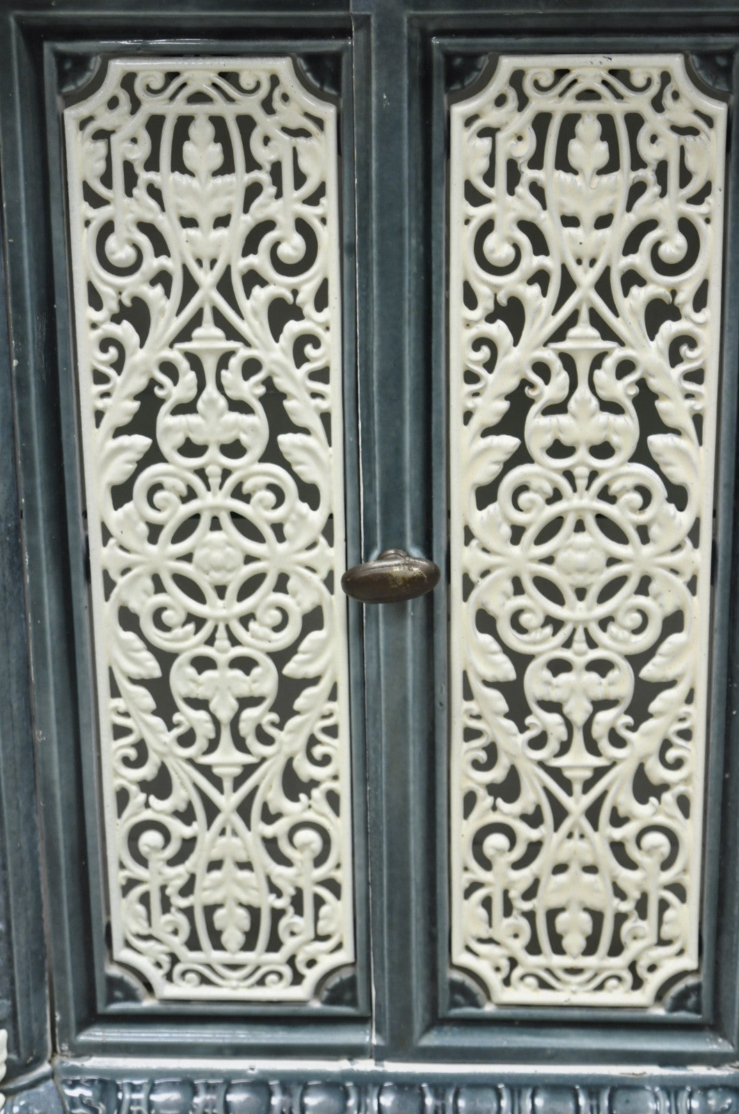 Antique French Victorian Blue White Porcelain Enamel Cast Iron Radiator Cover
