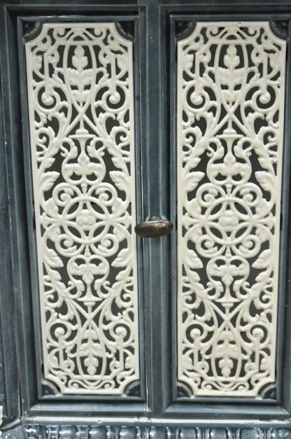 Antique French Victorian Blue White Porcelain Enamel Cast Iron Radiator Cover