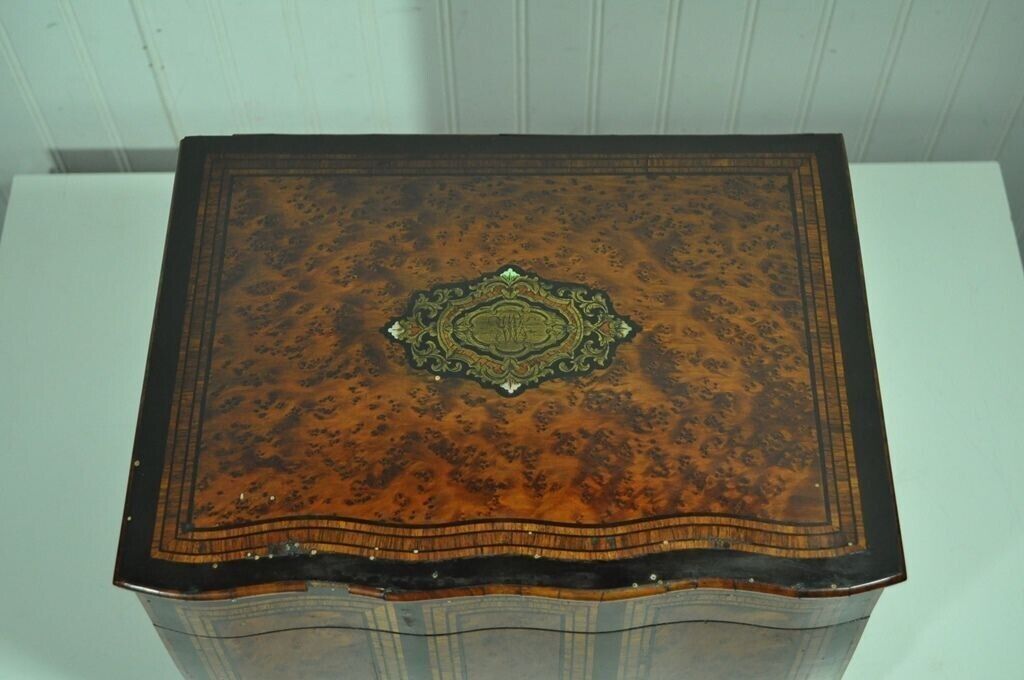 Antique French Brass Inlay Tantalus Box Cordial Decanter Set Liquor Cabinet