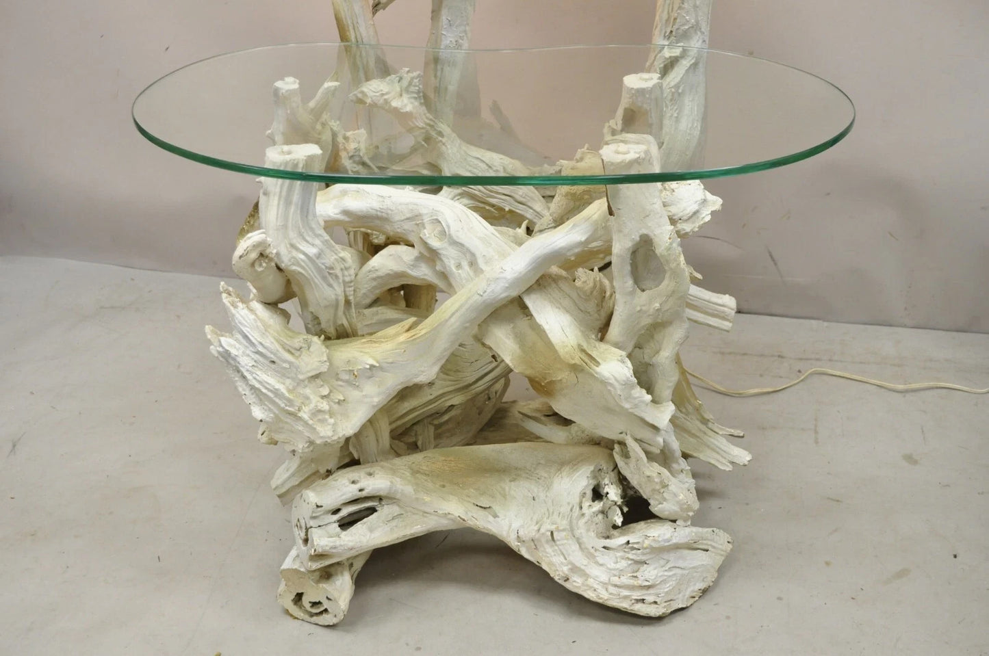 Vintage Mid Century Modern White Driftwood Kidney Glass Side Table Floor Lamp