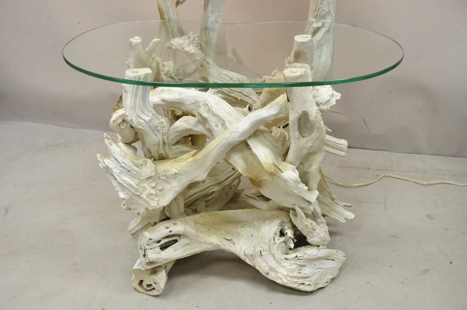 Vintage Mid Century Modern White Driftwood Kidney Glass Side Table Floor Lamp