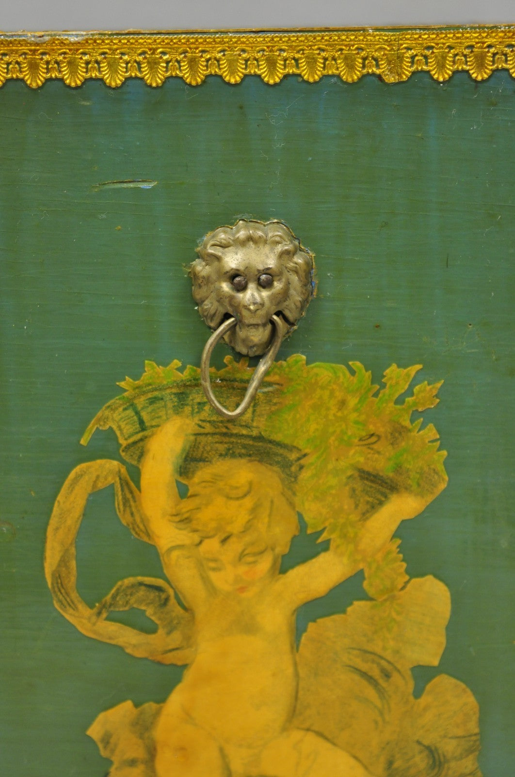 Vintage Italian Venetian Decoupage Green Gold Papier Mache Wastebasket Trash Can