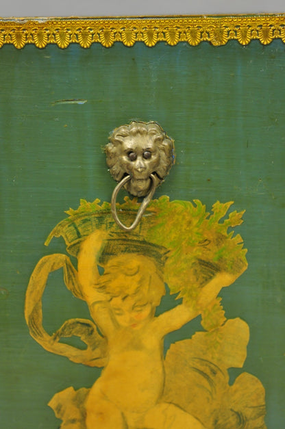 Vintage Italian Venetian Decoupage Green Gold Papier Mache Wastebasket Trash Can