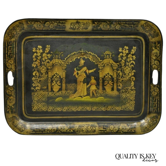 Antique French Country Chinoiserie Lacquered Tole Metal Black Gold Butlers Tray
