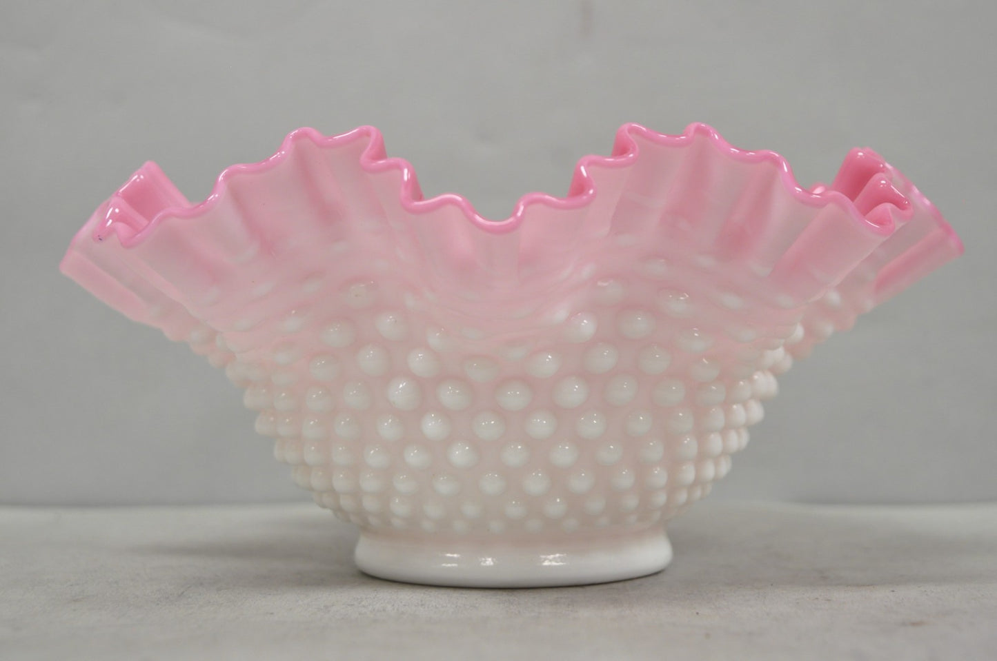 Vintage Pink & White Hobnail Cased Glass Candy Dish Ruffled Bowl Brides Basket