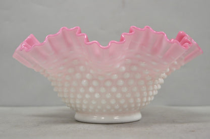 Vintage Pink & White Hobnail Cased Glass Candy Dish Ruffled Bowl Brides Basket