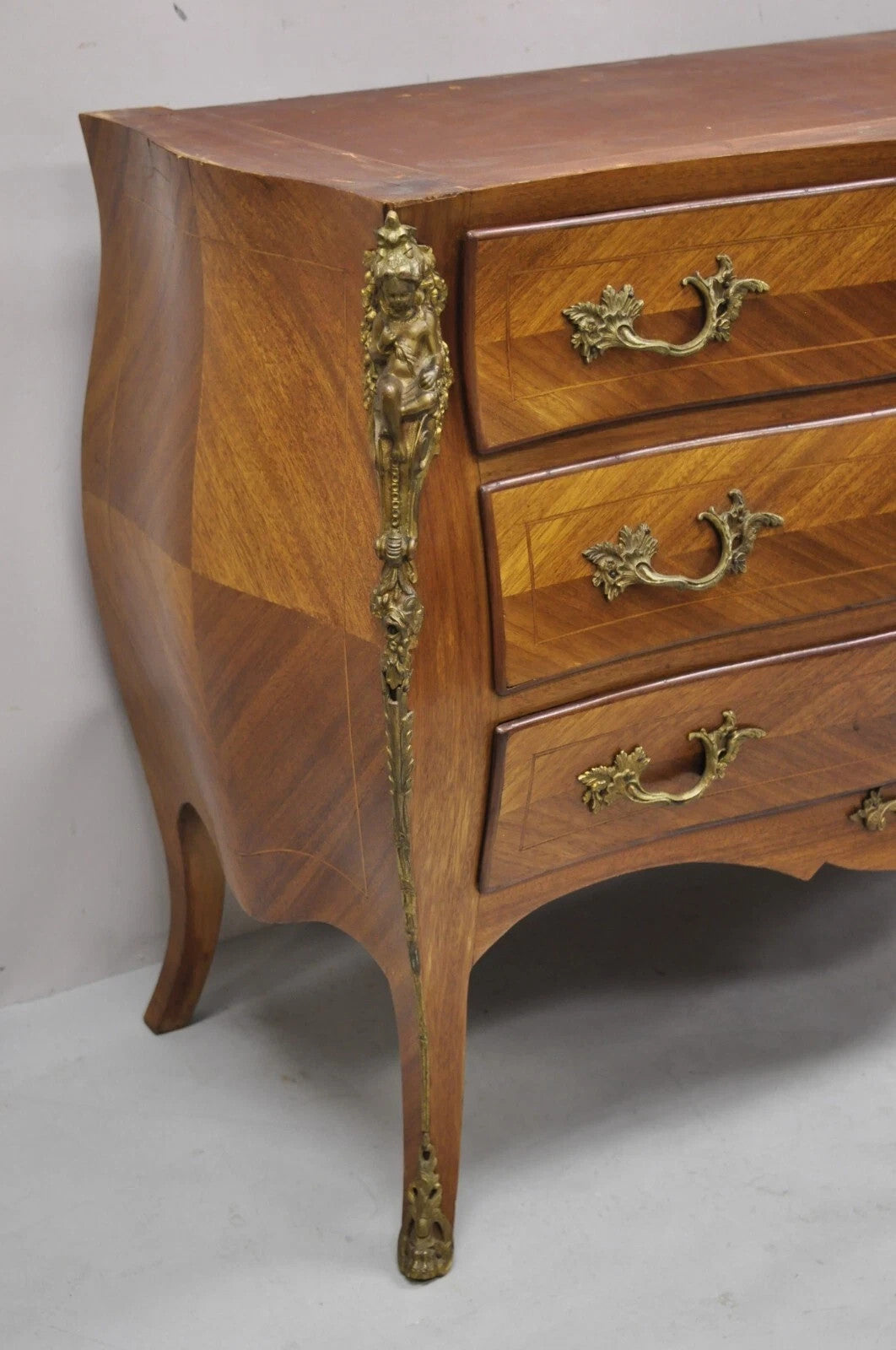 Vintage French Louis XV Style Bombe Commode Dresser Chest of Drawers w/ Cherubs