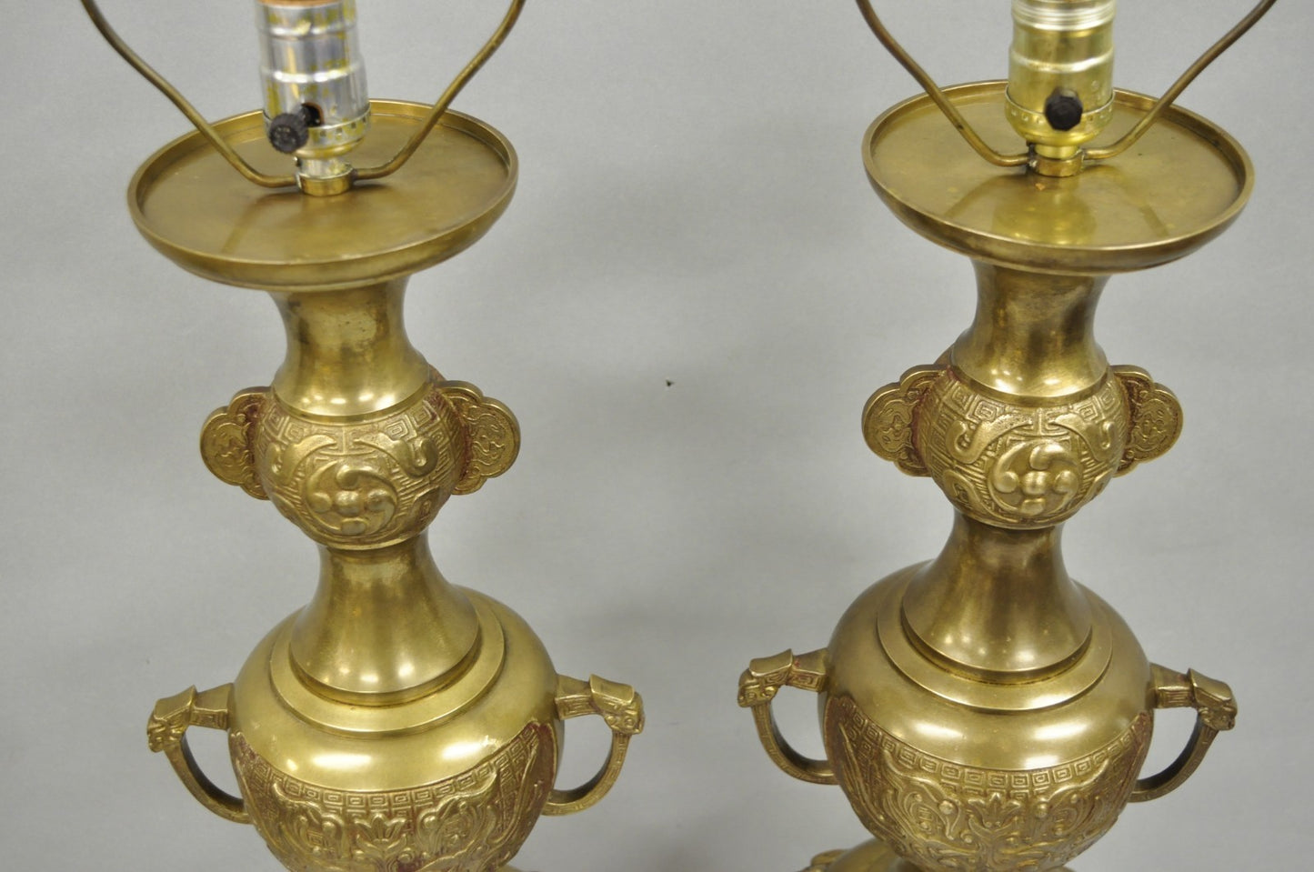 Vintage Chinoiserie James Mont Style Bronze Chinese Foo Dog Table Lamps (B) Pair