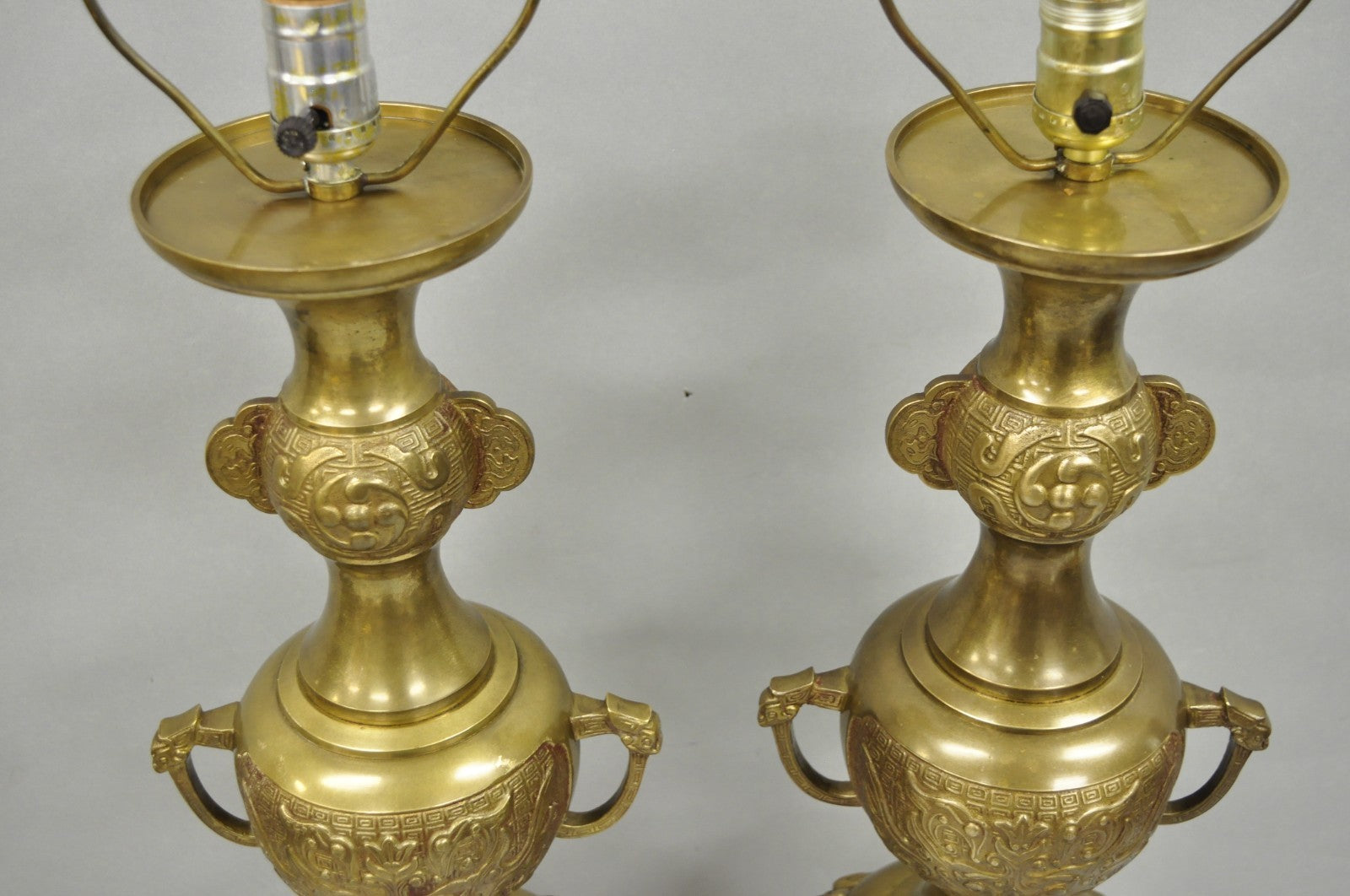 Vintage Chinoiserie James Mont Style Bronze Chinese Foo Dog Table Lamps (B) Pair