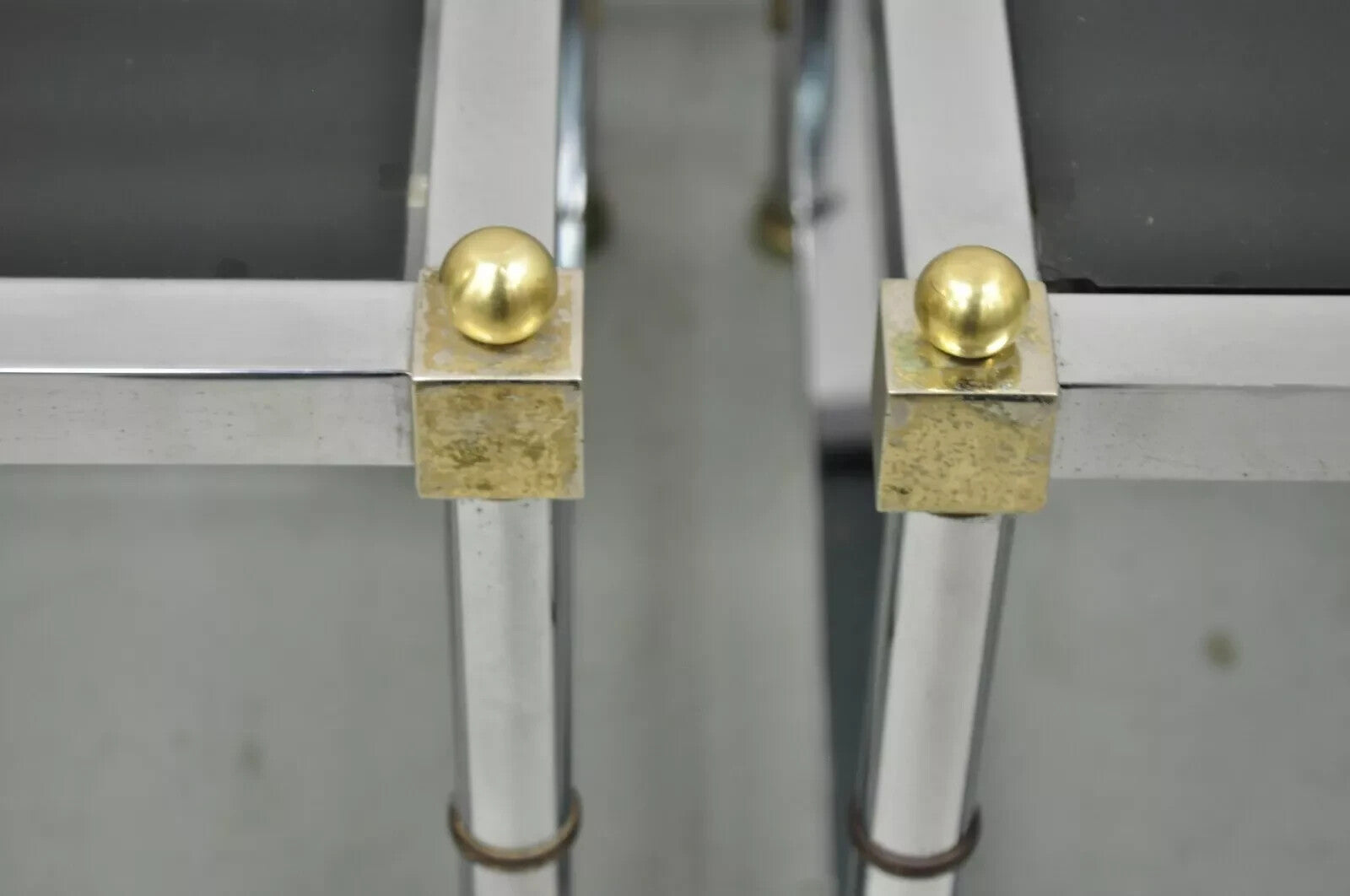 Hollywood Regency Maison Jansen Style Chrome & Brass Square End Tables - a Pair