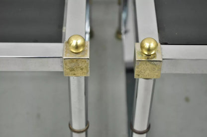 Hollywood Regency Maison Jansen Style Chrome & Brass Square End Tables - a Pair