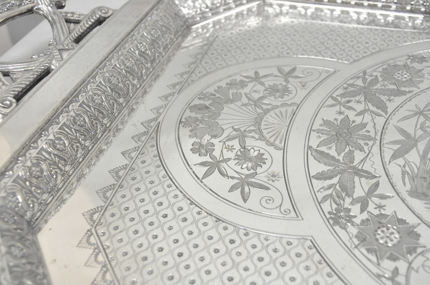 Antique Rogers Smith & Co Art Nouveau Large Silver Plated Crane Bird Etched Tray