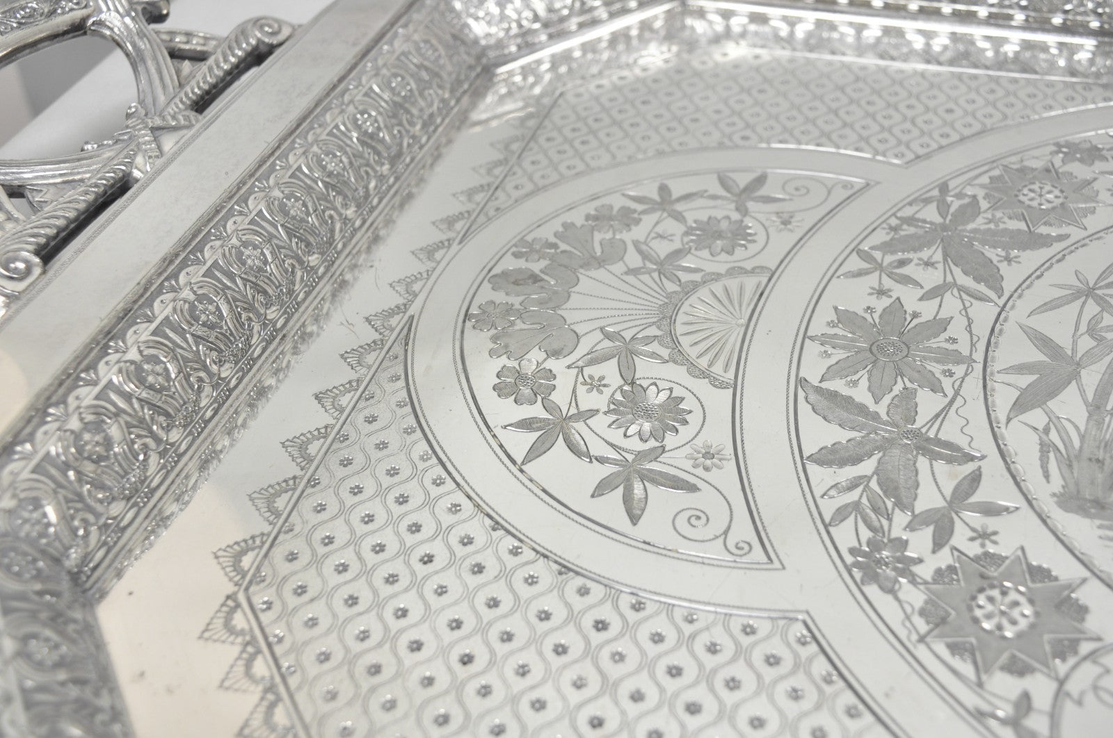Antique Rogers Smith & Co Art Nouveau Large Silver Plated Crane Bird Etched Tray