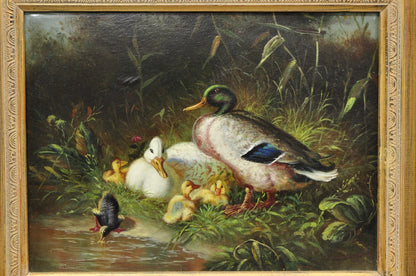 Vintage Traditional Oil on Canvas Wood Frame "Duck Family" Art Signed Borofsky